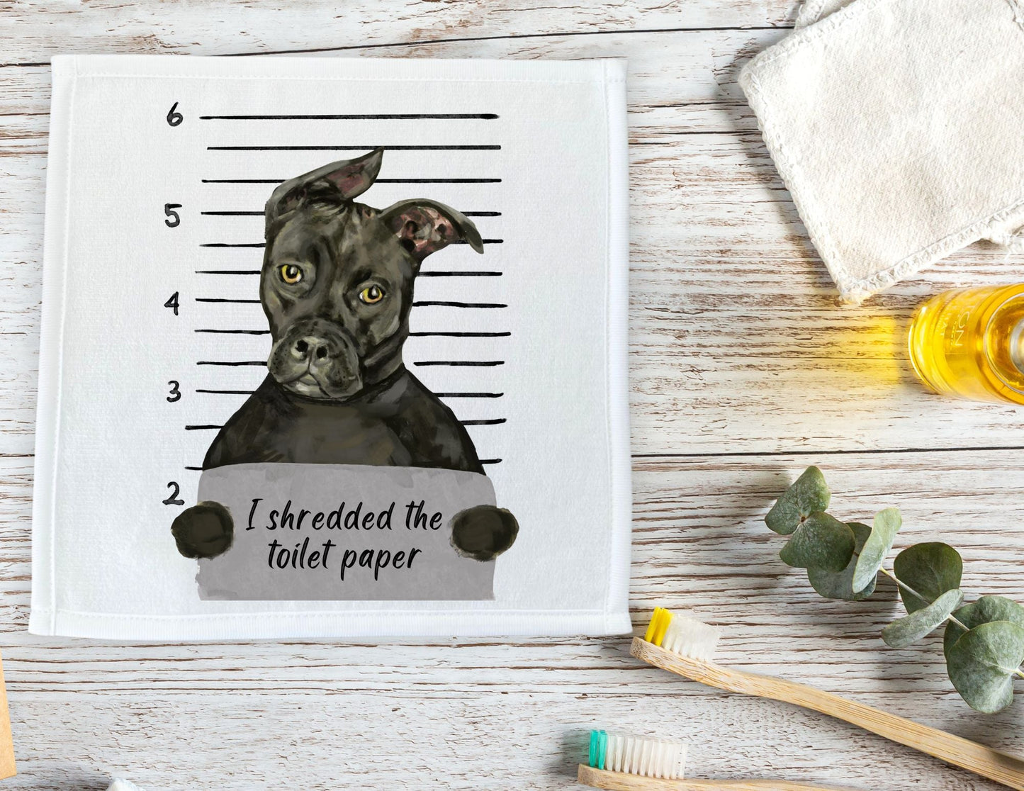 Black Pitbull Mugshot Washcloth - MerikaArt
