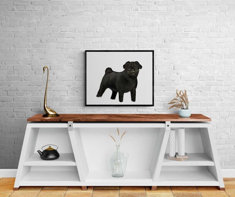 Black Pug Print, Pug Painting, Pug Portrait, Doggy artwork, Cute Pug Print, Living Room Wall Art, Bedroom Wall Print, Puppy Home Decor - MerikaArt