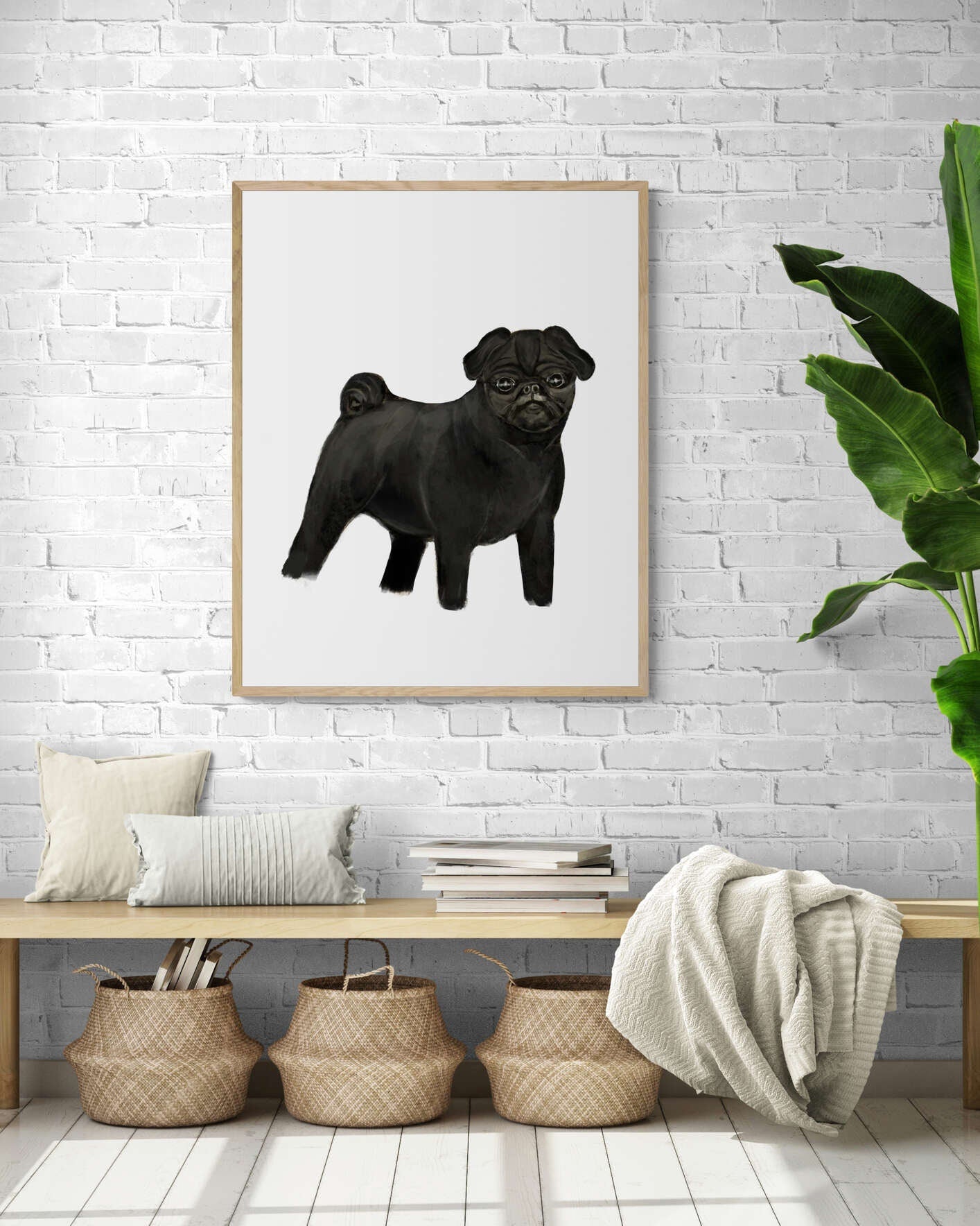 Black Pug Print, Pug Painting, Pug Portrait, Doggy artwork, Cute Pug Print, Living Room Wall Art, Bedroom Wall Print, Puppy Home Decor - MerikaArt