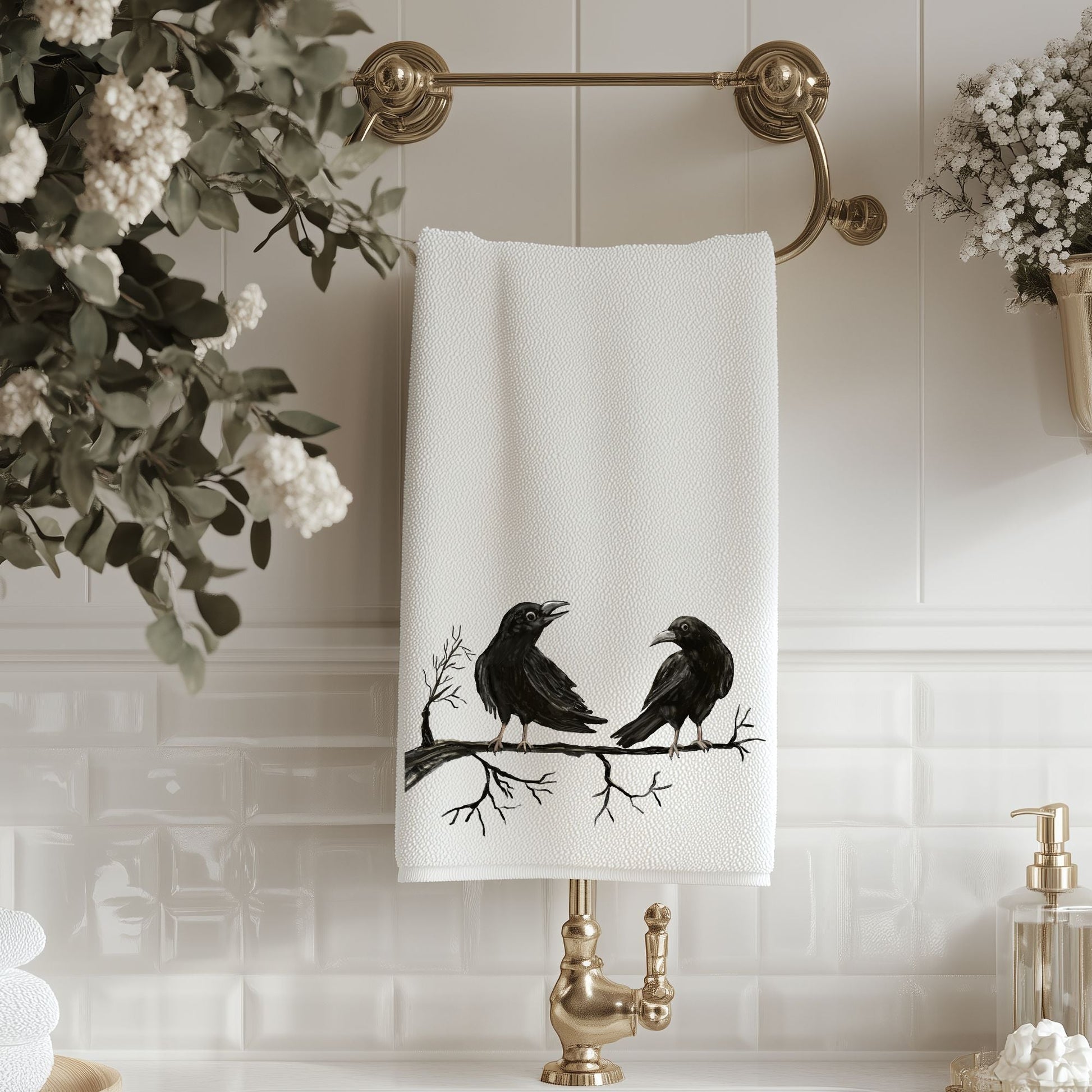 Black Ravens Bathroom Towel - MerikaArt