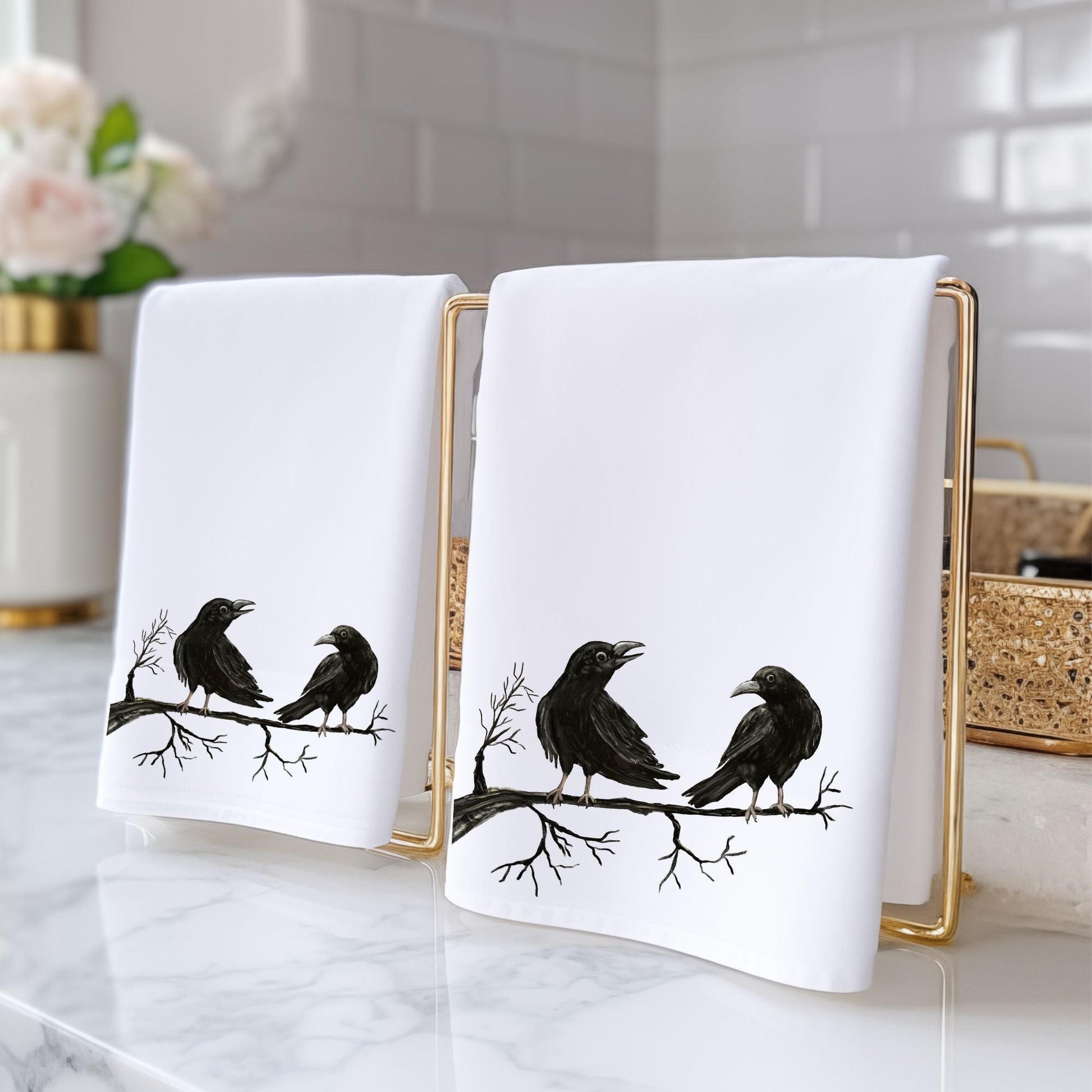 Black Ravens Bathroom Towel - MerikaArt