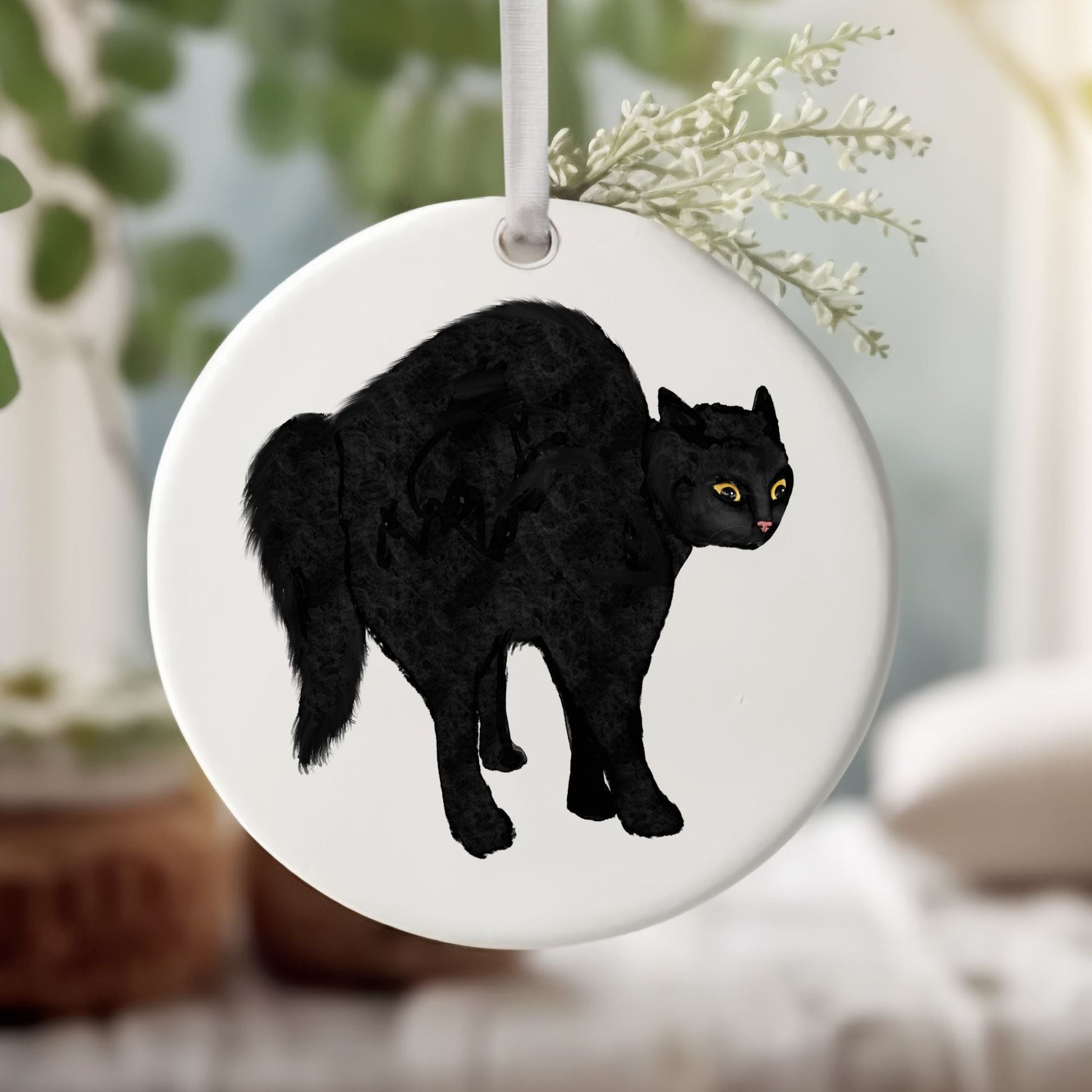 Black Scared Cat Ceramic Ornament - MerikaArt