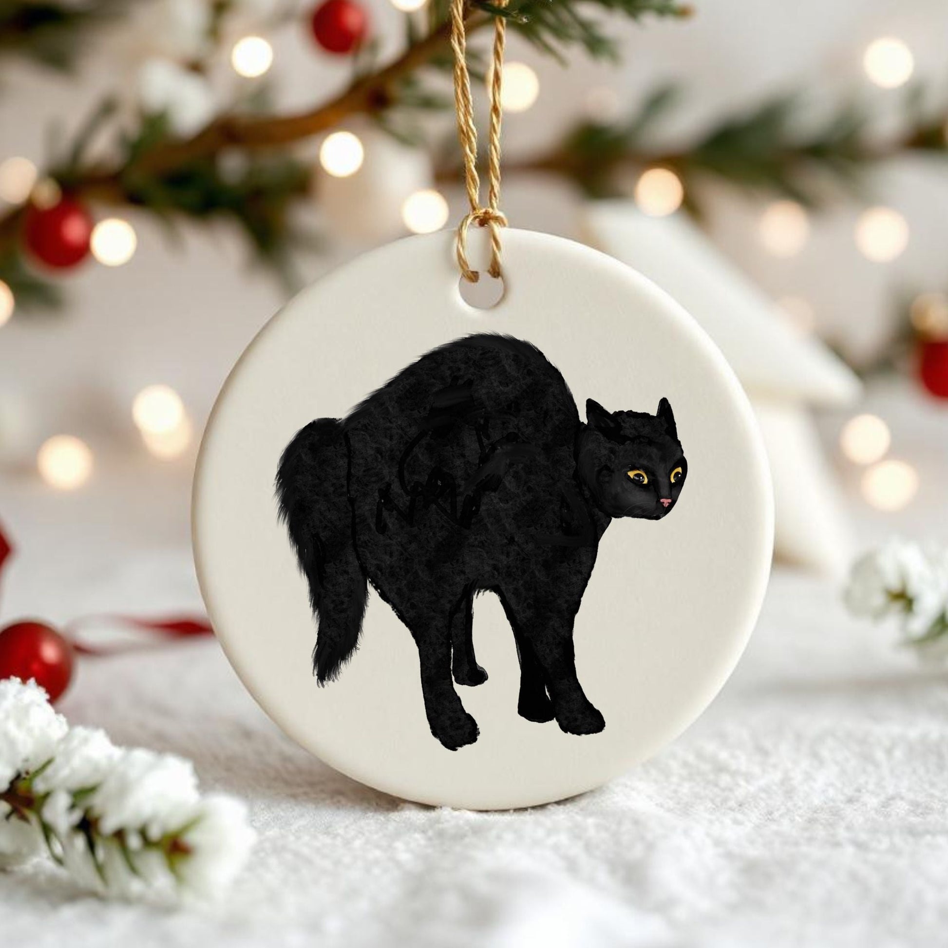Black Scared Cat Ceramic Ornament - MerikaArt