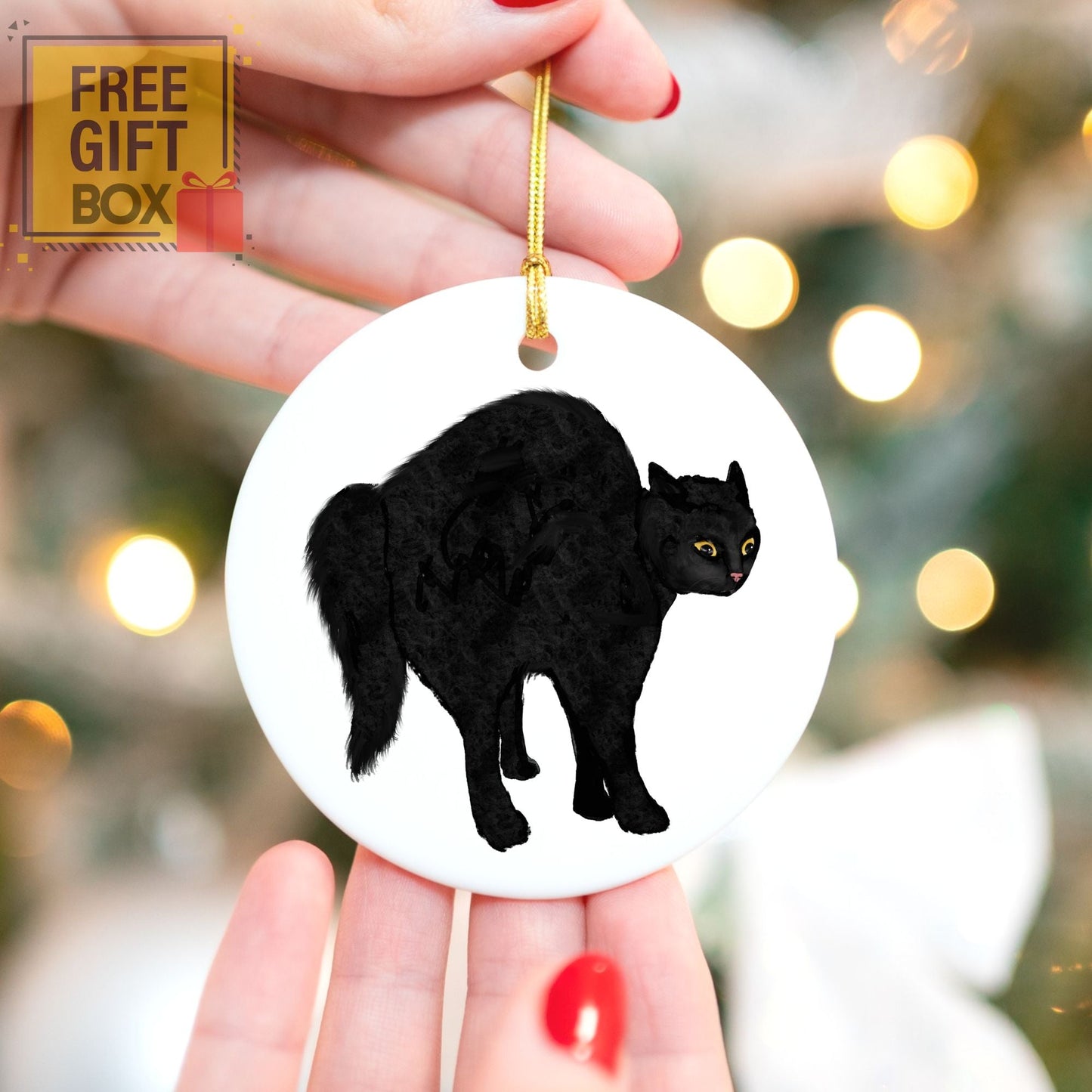 Black Scared Cat Ceramic Ornament - MerikaArt