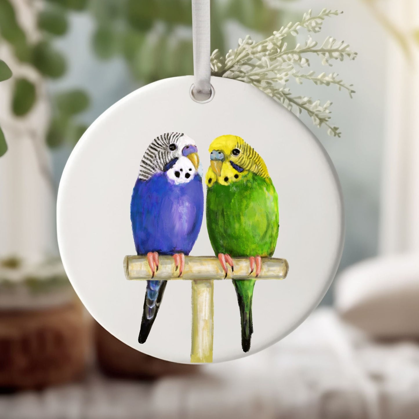 Blue And Green Budgie Ceramic Ornament - MerikaArt