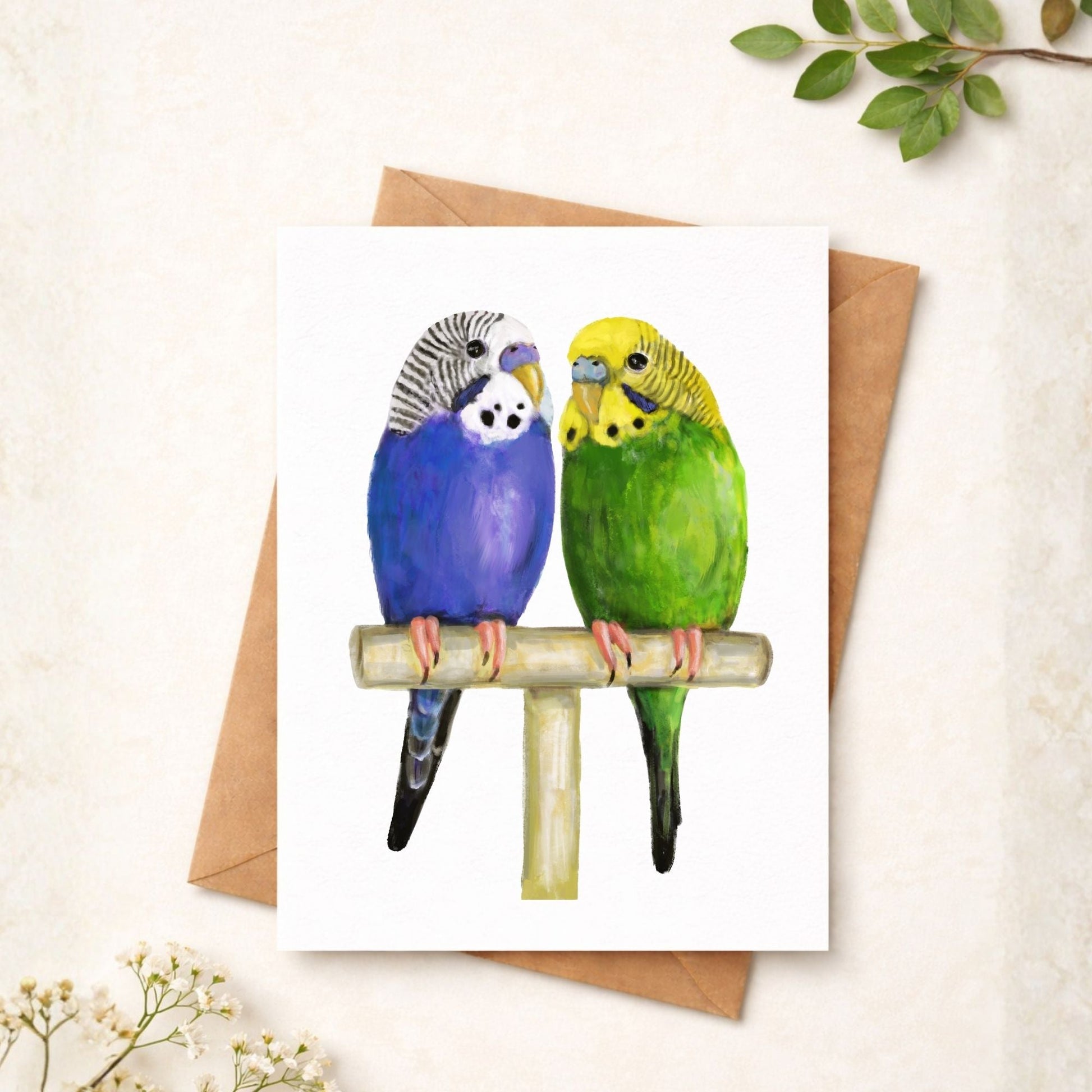 Blue and Green Budgie Pair Postcard - MerikaArt