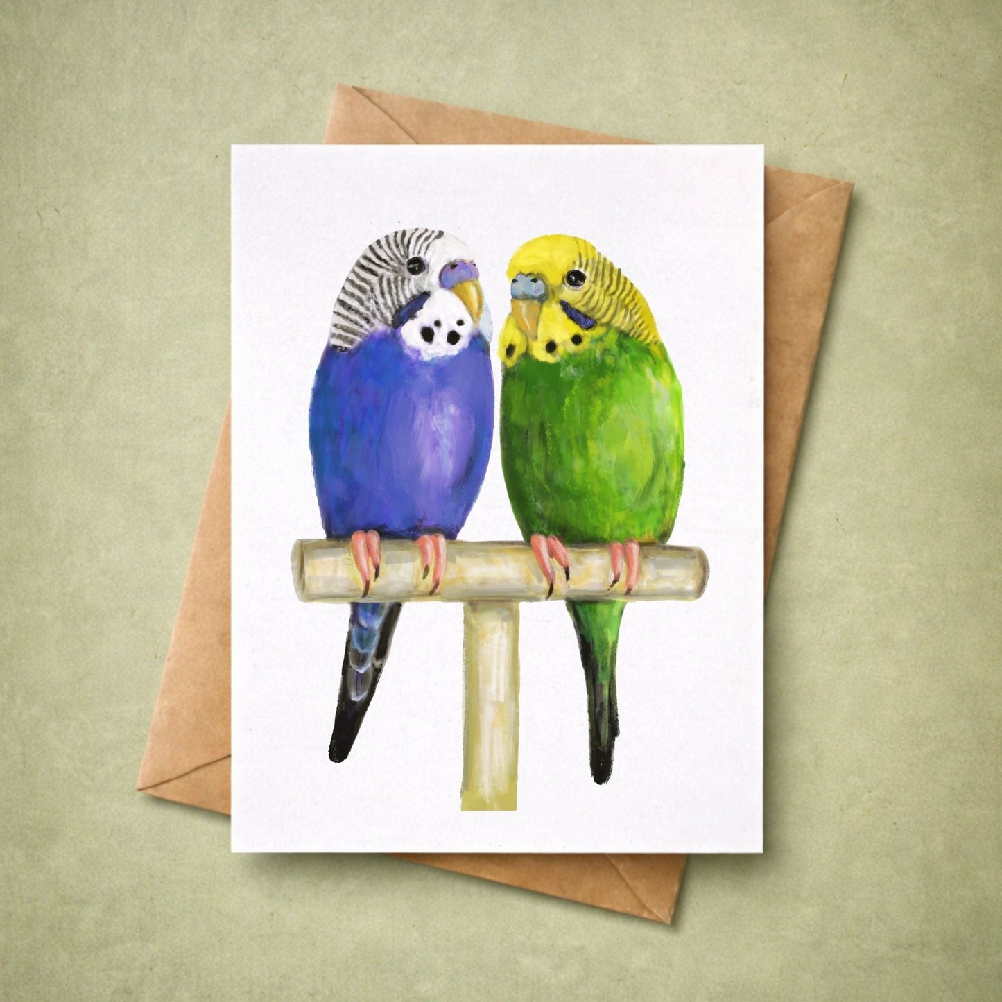 Blue and Green Budgie Pair Postcard - MerikaArt