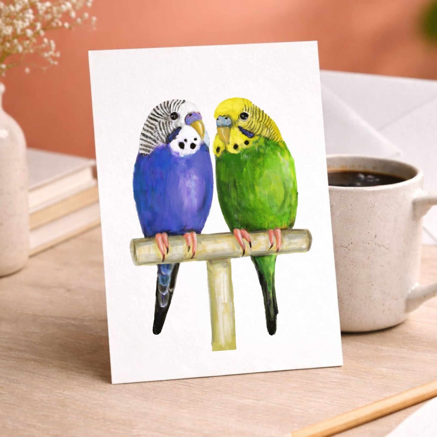 Blue and Green Budgie Pair Postcard - MerikaArt