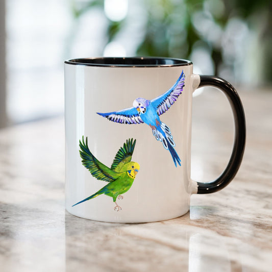 Blue and Green Budgies in Flight Ceramic Coffee Mug - MerikaArt