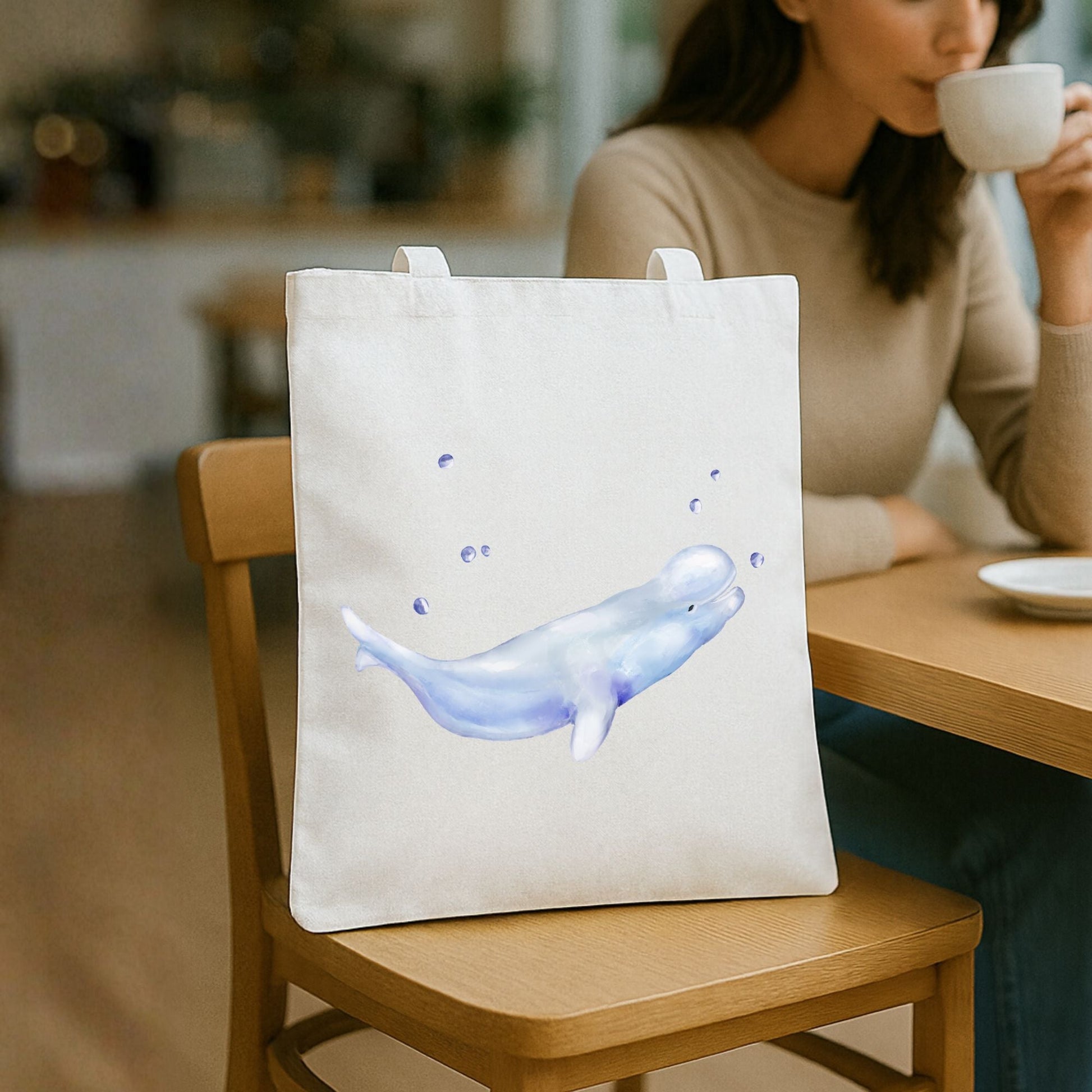 Blue Beluga Whale Canvas Tote Bag - MerikaArt
