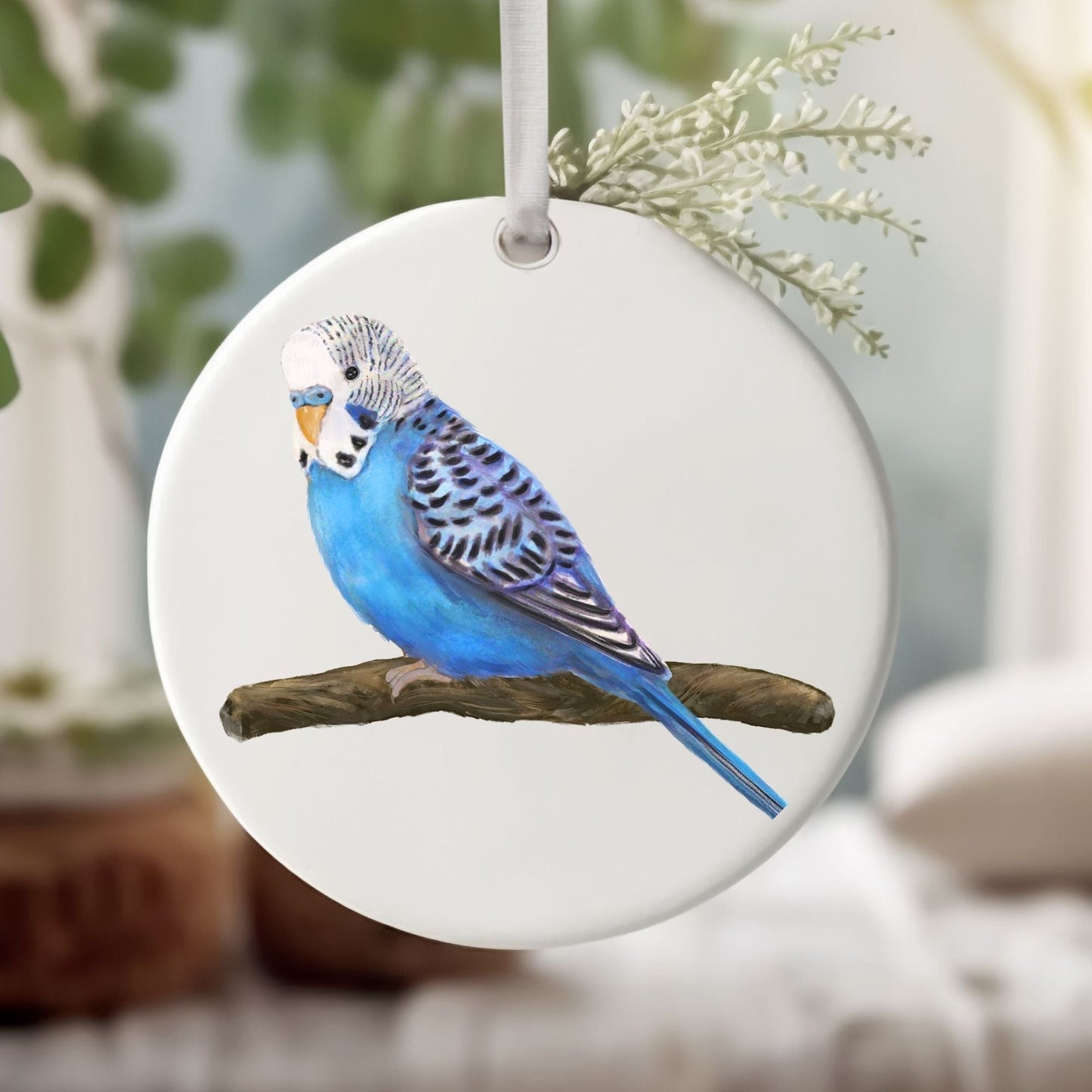 Blue Budgerigar Ceramic Ornament - MerikaArt