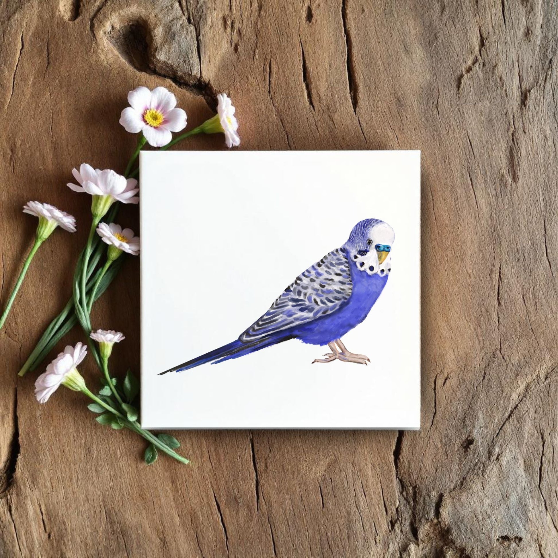 Blue Budgerigar Ceramic Tile – Handcrafted Bird Lover Artwork - MerikaArt