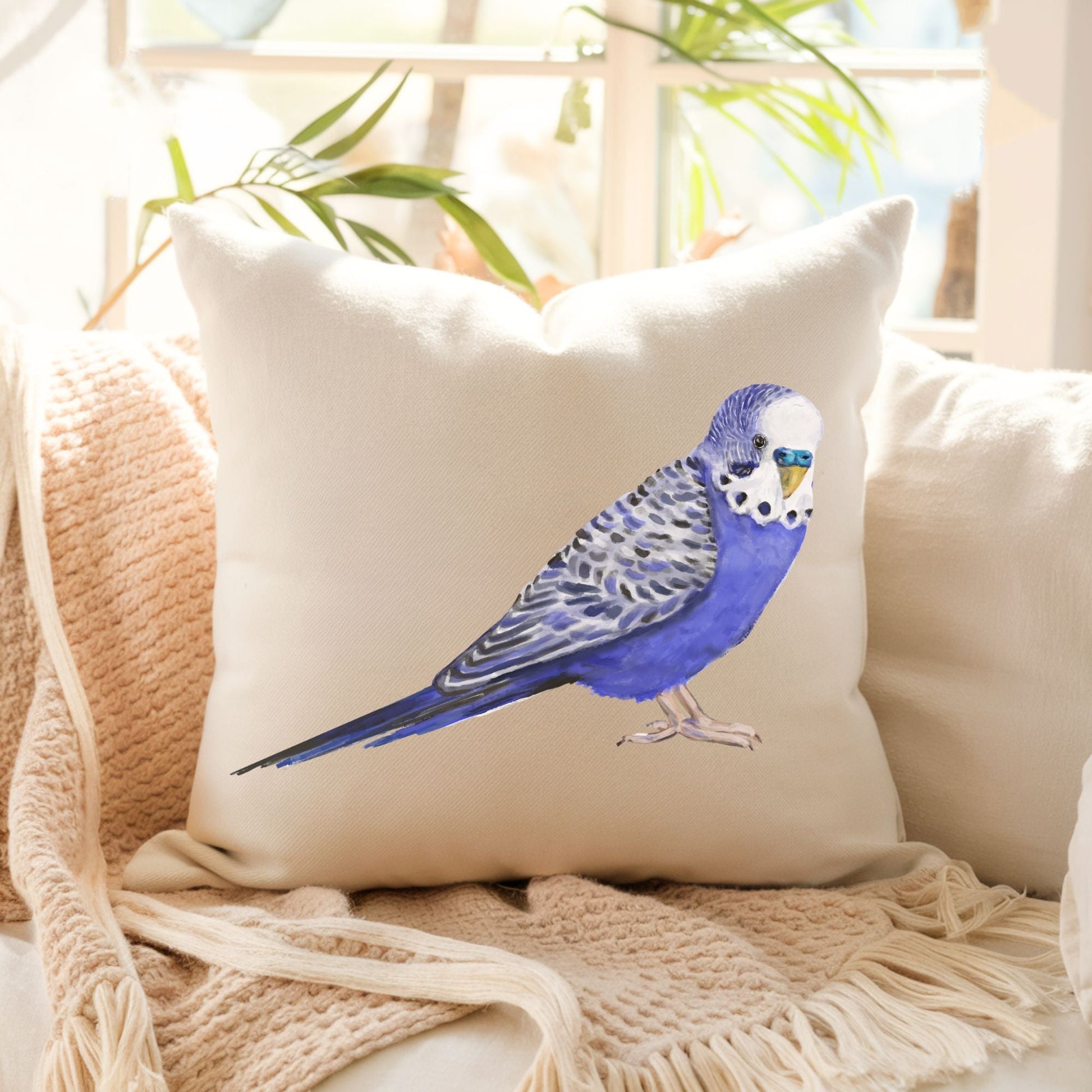 Blue Budgerigar Pillow - MerikaArt