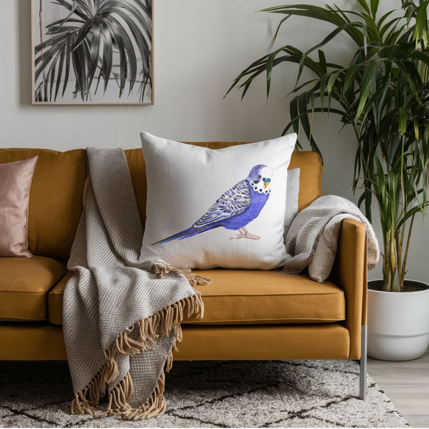 Blue Budgerigar Pillow - MerikaArt