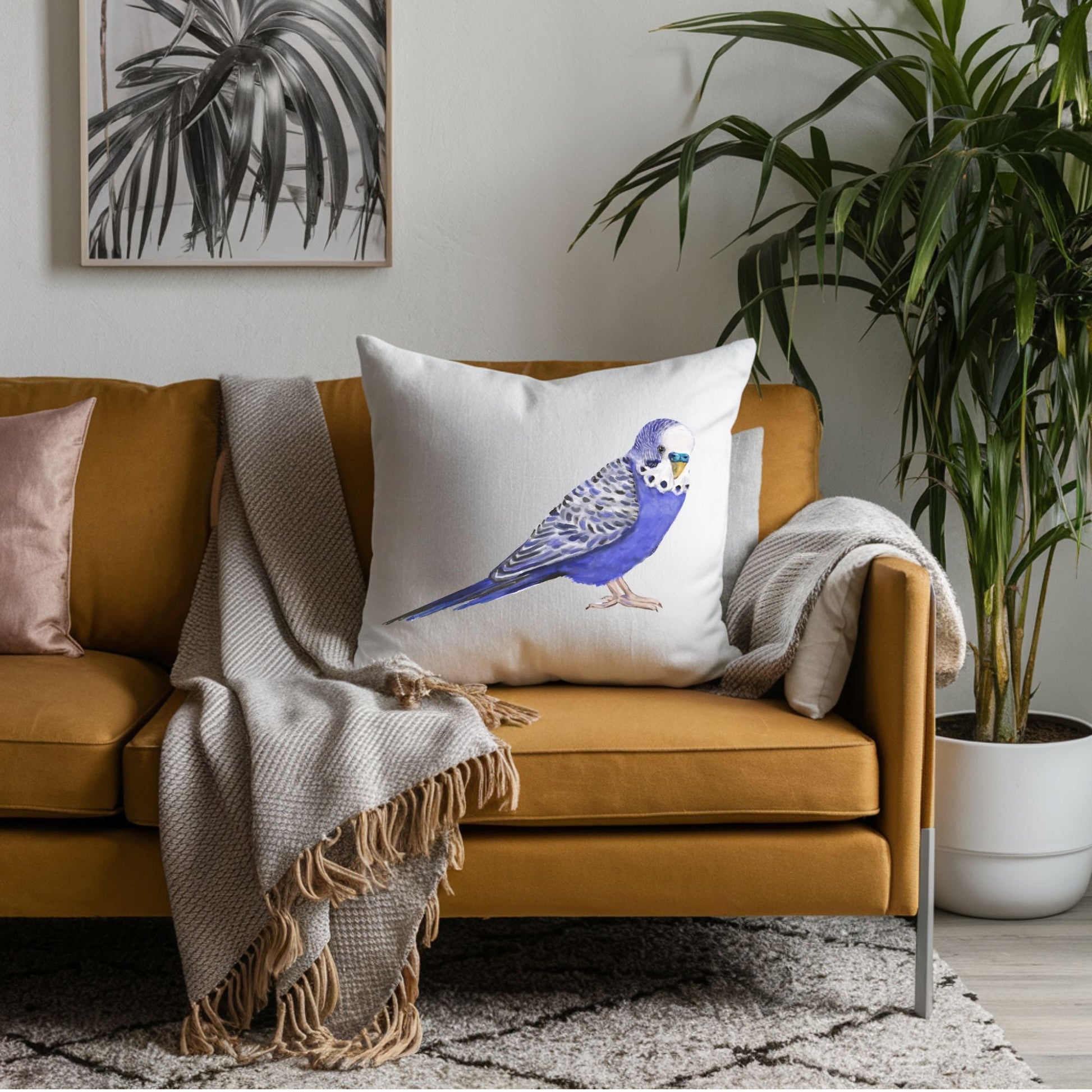 Blue Budgerigar Pillow - MerikaArt