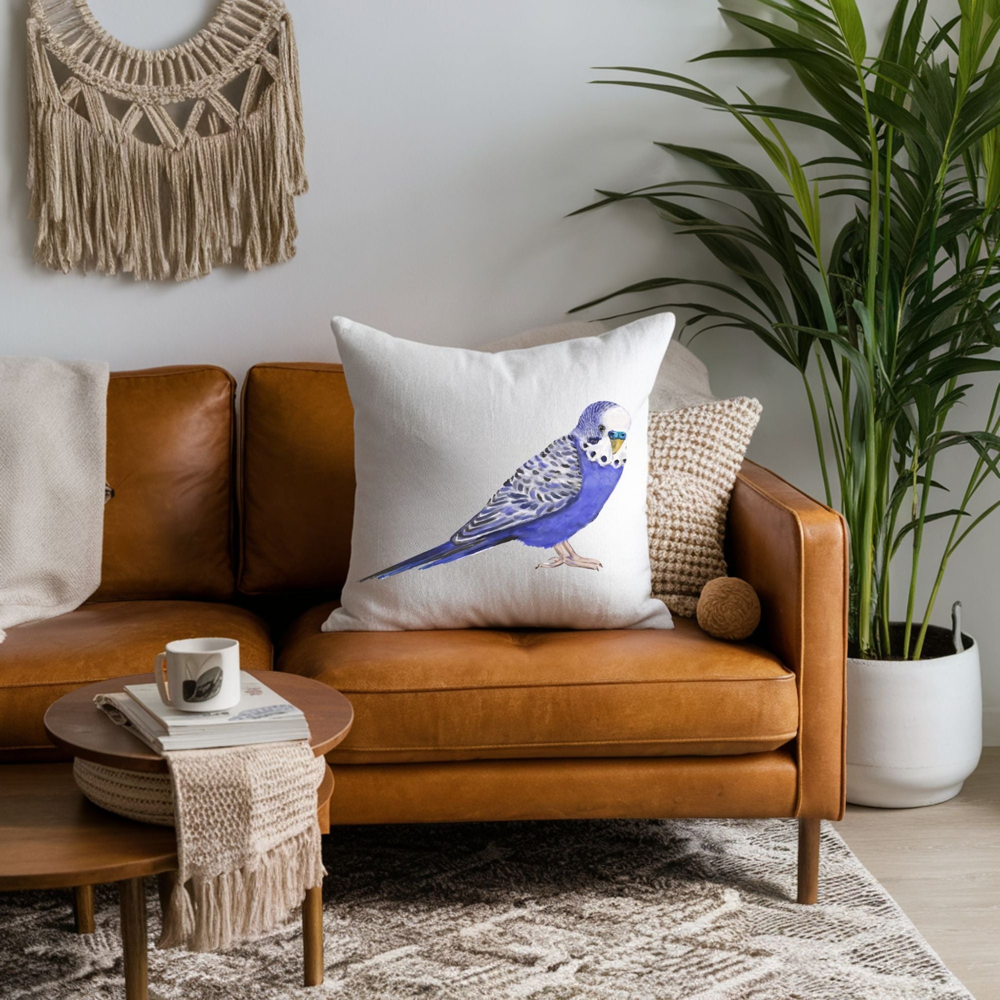 Blue Budgerigar Pillow - MerikaArt