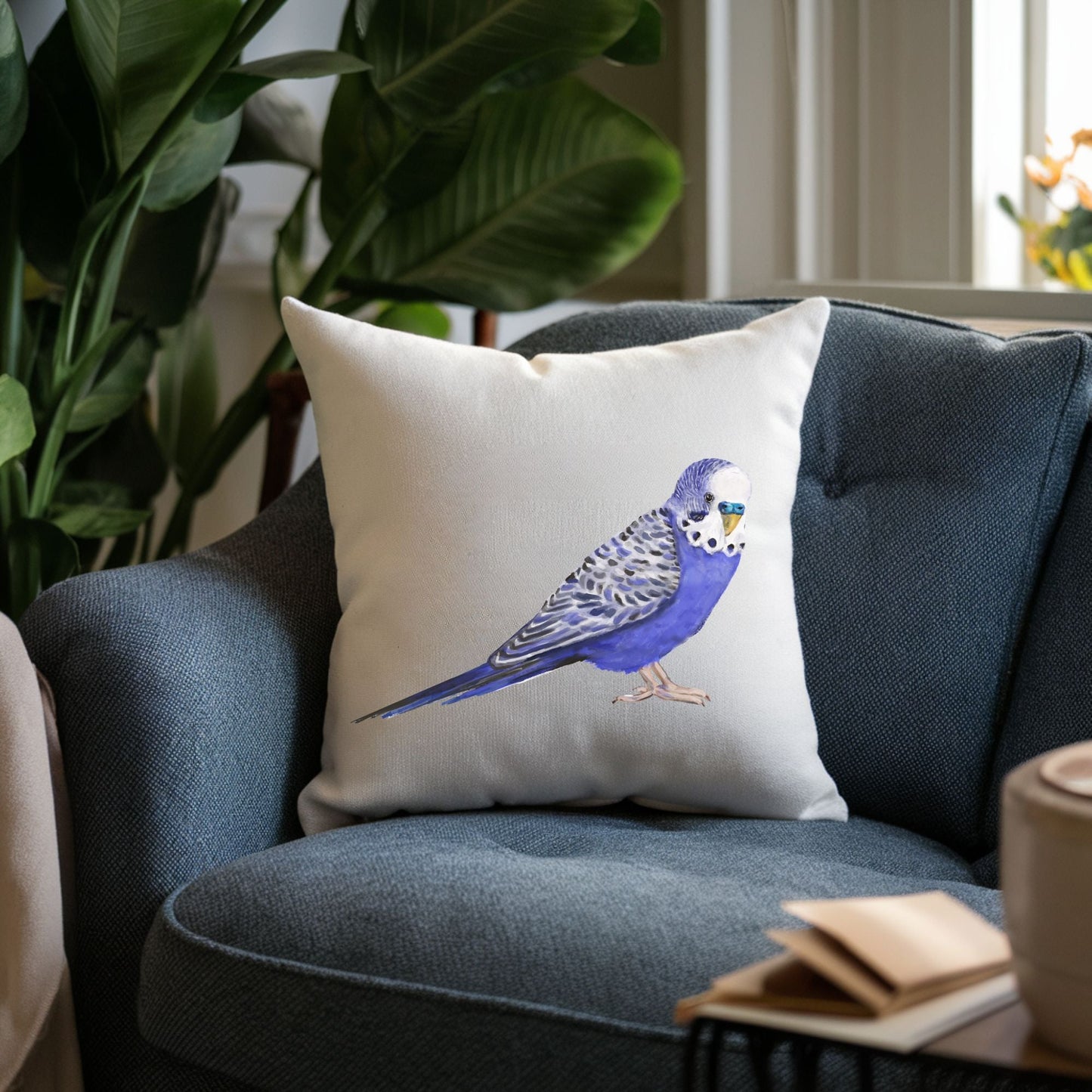 Blue Budgerigar Pillow - MerikaArt