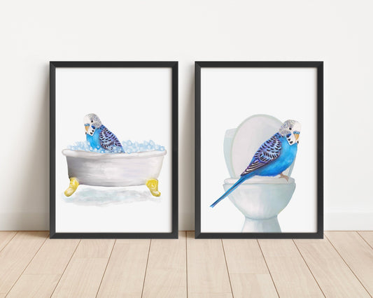 Blue Budgie Bathtub and Toilet Art Print Set of 2 – Humorous Bathroom Decor - MerikaArt