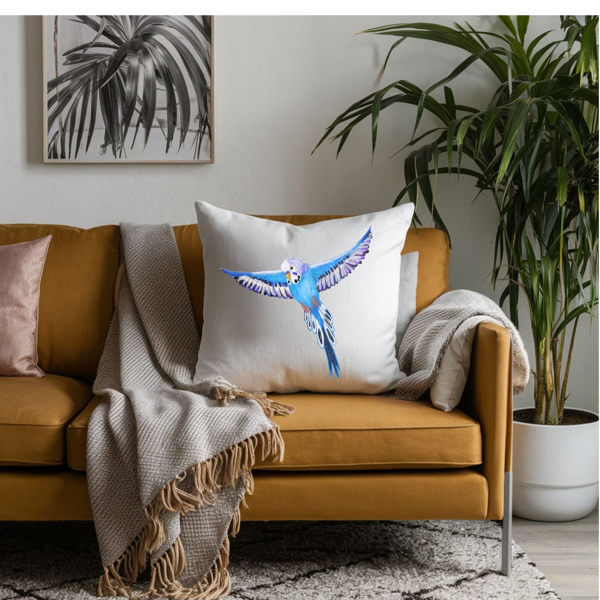 Blue Budgie Bird Pillow - MerikaArt