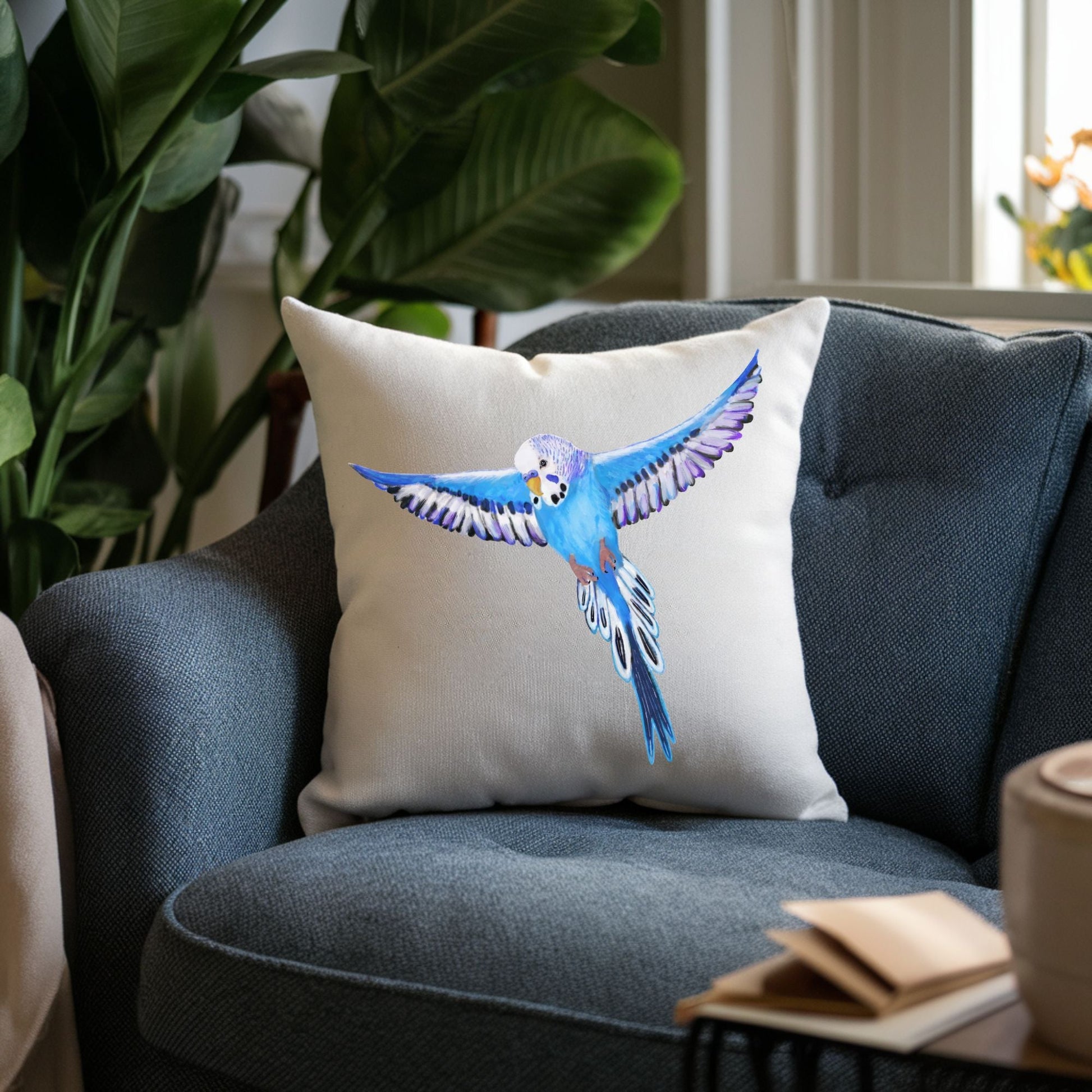 Blue Budgie Bird Pillow - MerikaArt