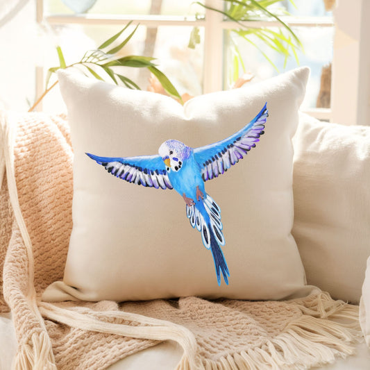Blue Budgie Bird Pillow - MerikaArt