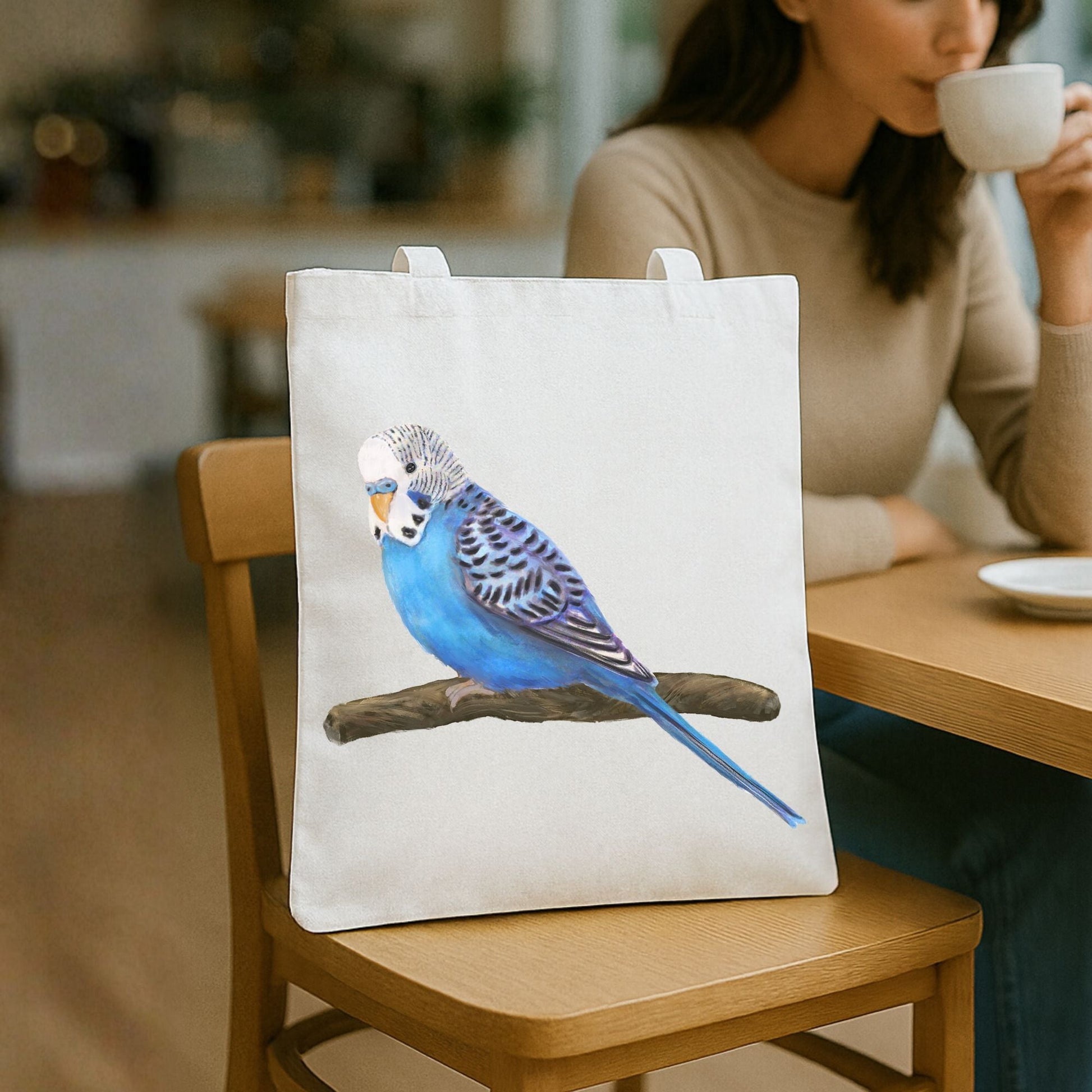 Blue Budgie Canvas Tote Bag - MerikaArt