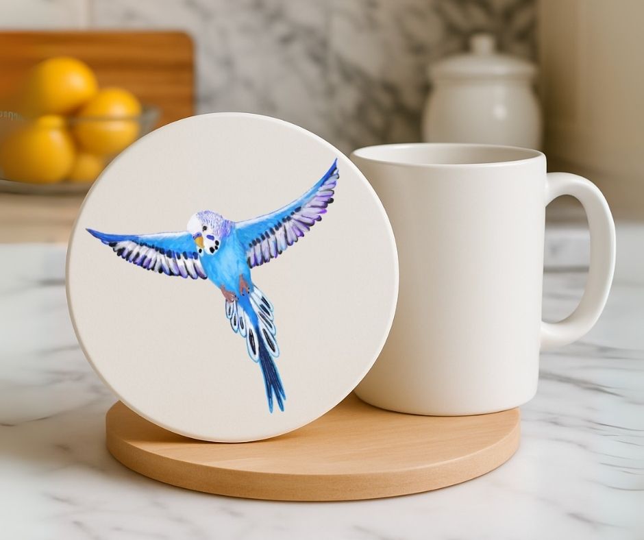 Blue Budgie Ceramic Coaster - MerikaArt