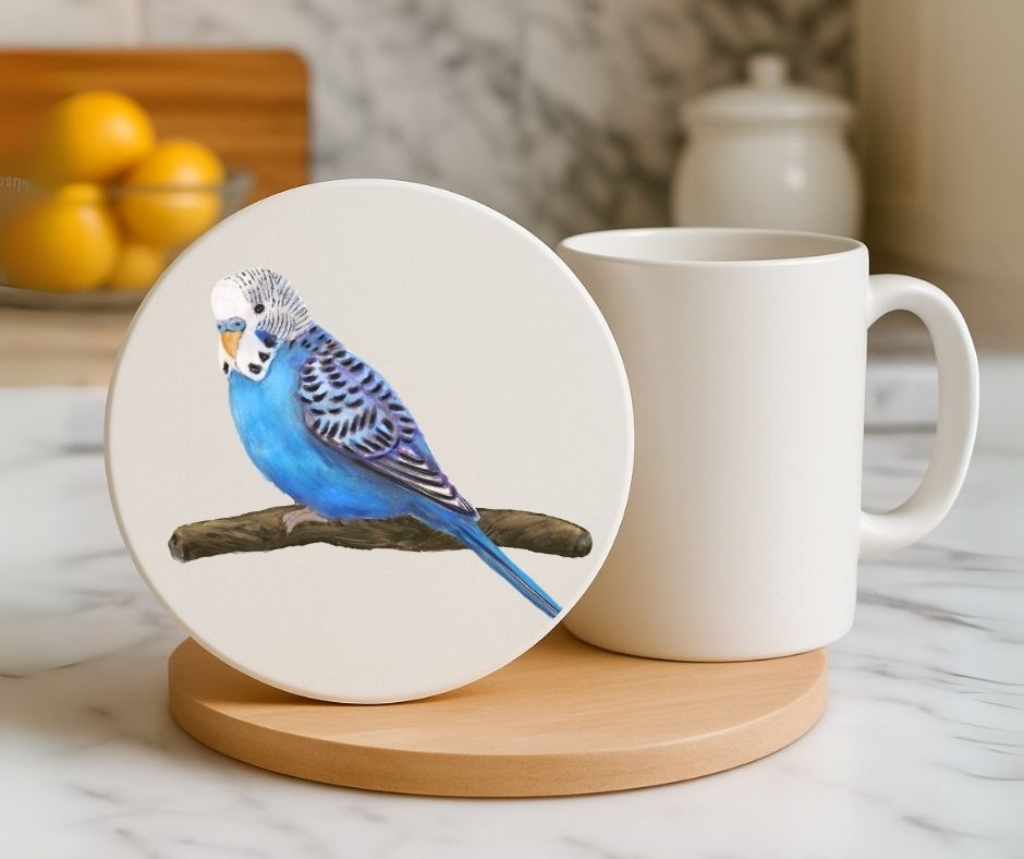 Blue Budgie Ceramic Coaster - MerikaArt