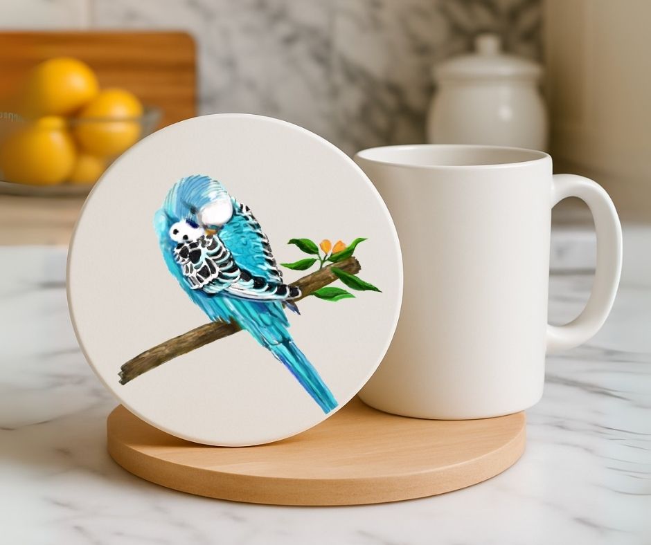 Blue Budgie Ceramic Coaster - MerikaArt