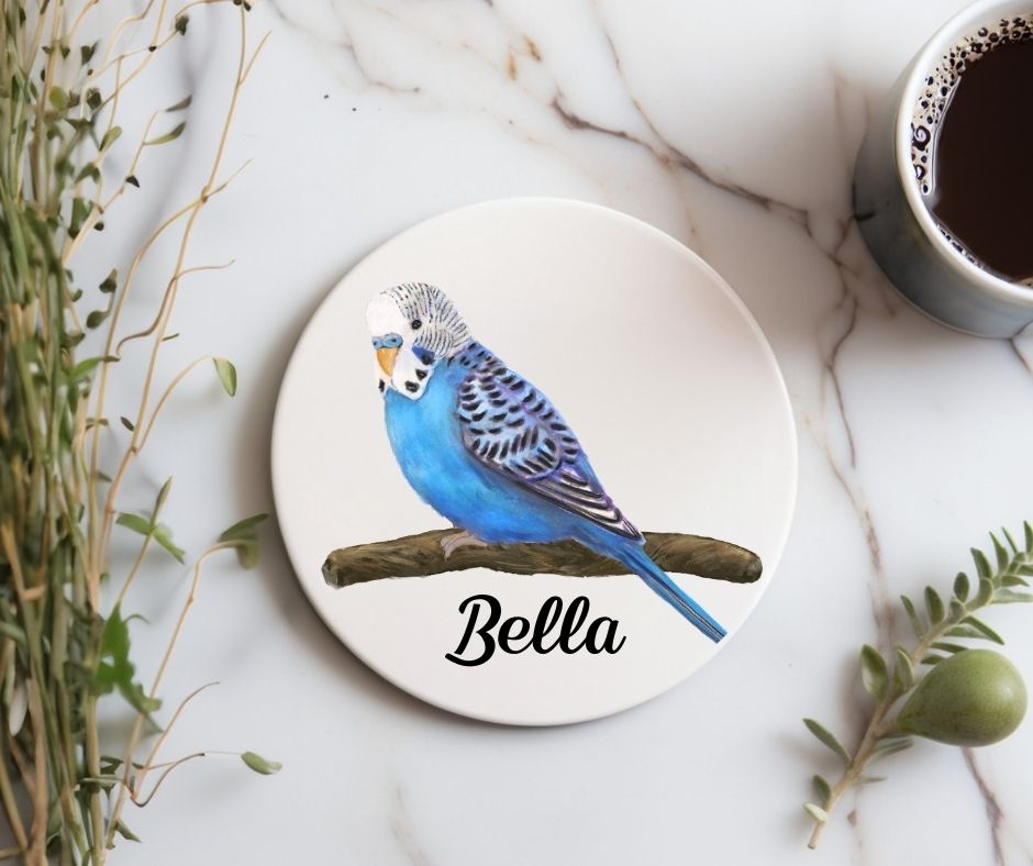 Blue Budgie Ceramic Coaster - MerikaArt