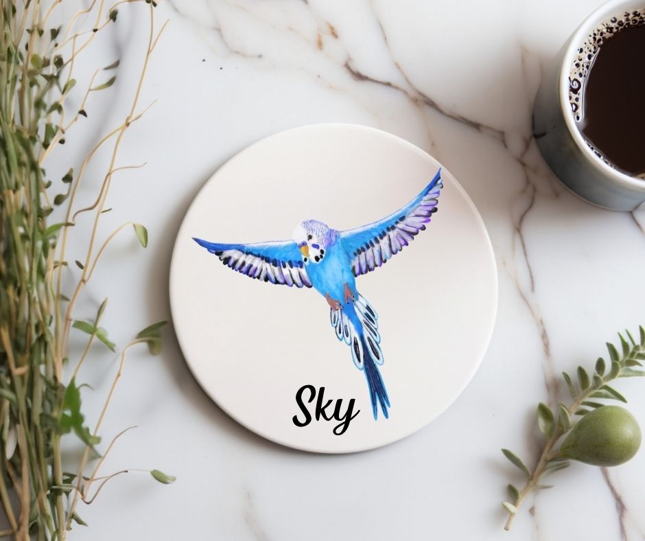 Blue Budgie Ceramic Coaster - MerikaArt