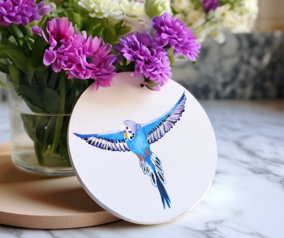 Blue Budgie Ceramic Coaster - MerikaArt
