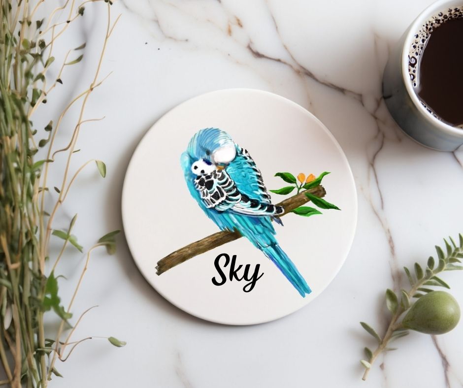 Blue Budgie Ceramic Coaster - MerikaArt