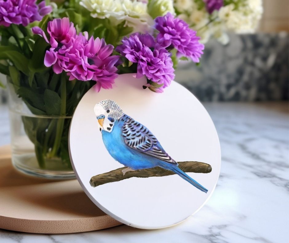 Blue Budgie Ceramic Coaster - MerikaArt