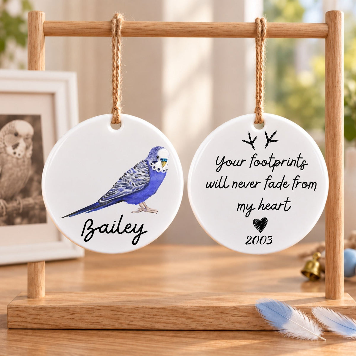 Blue Budgie Ceramic Ornament - MerikaArt