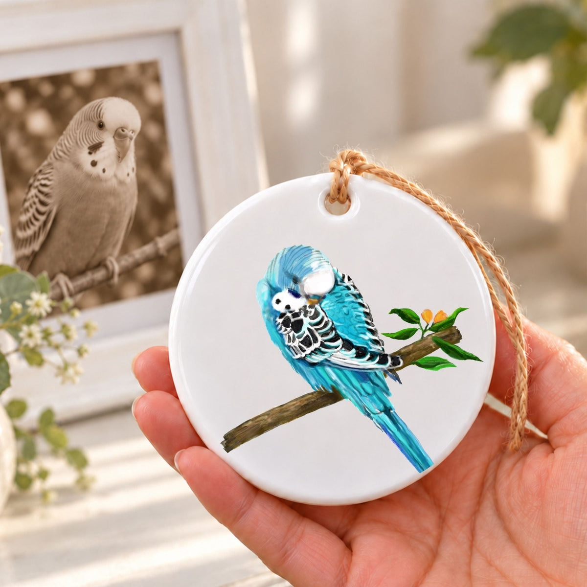 Blue Budgie Ceramic Ornament - MerikaArt