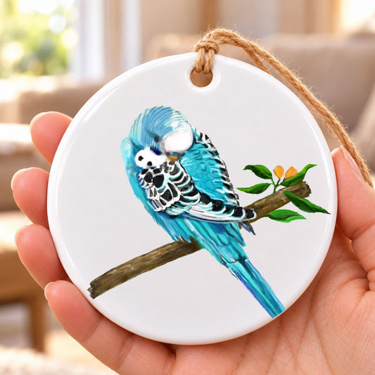 Blue Budgie Ceramic Ornament - MerikaArt