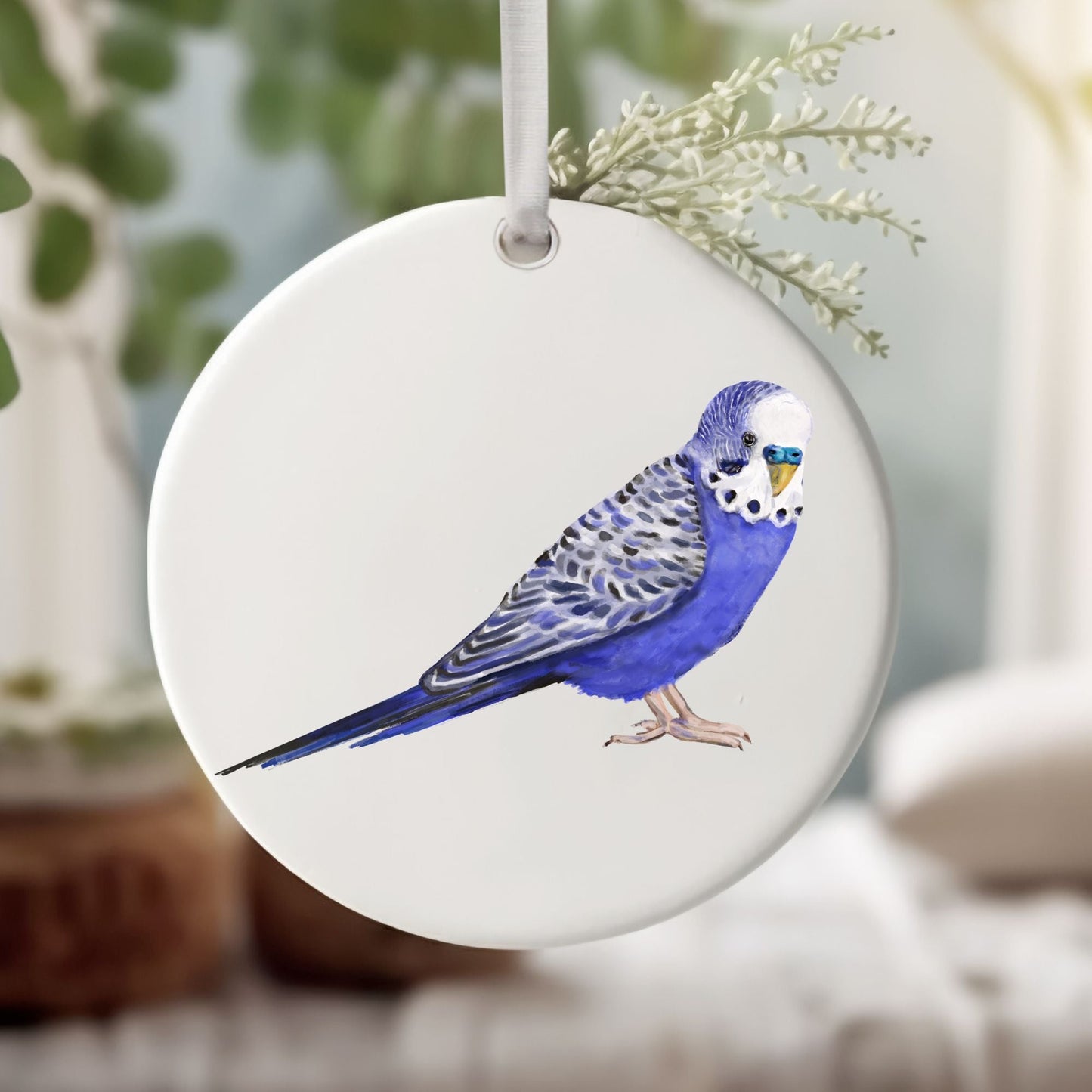 Blue Budgie Ceramic Ornament - MerikaArt