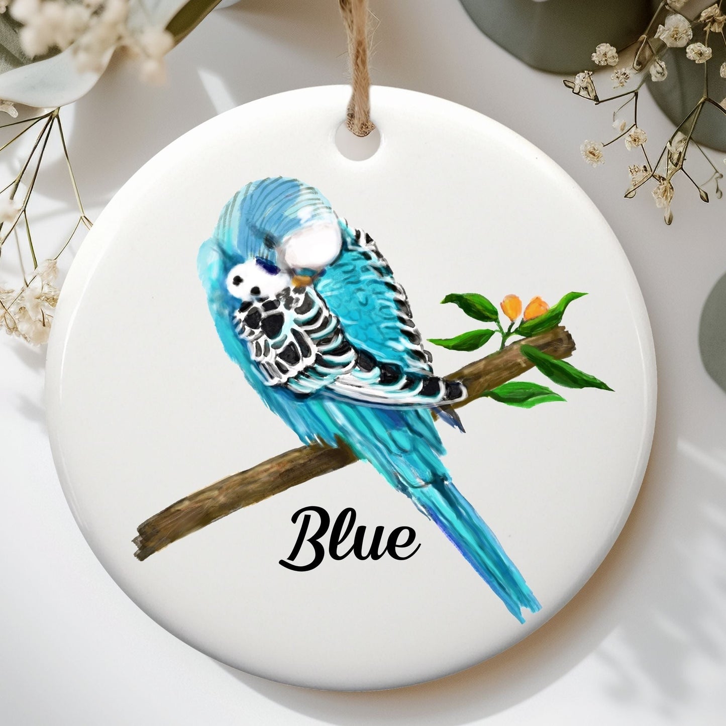 Blue Budgie Ceramic Ornament - MerikaArt