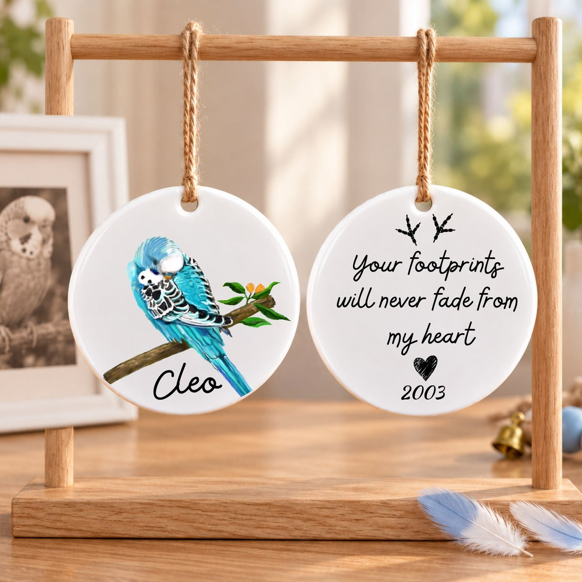 Blue Budgie Ceramic Ornament - MerikaArt