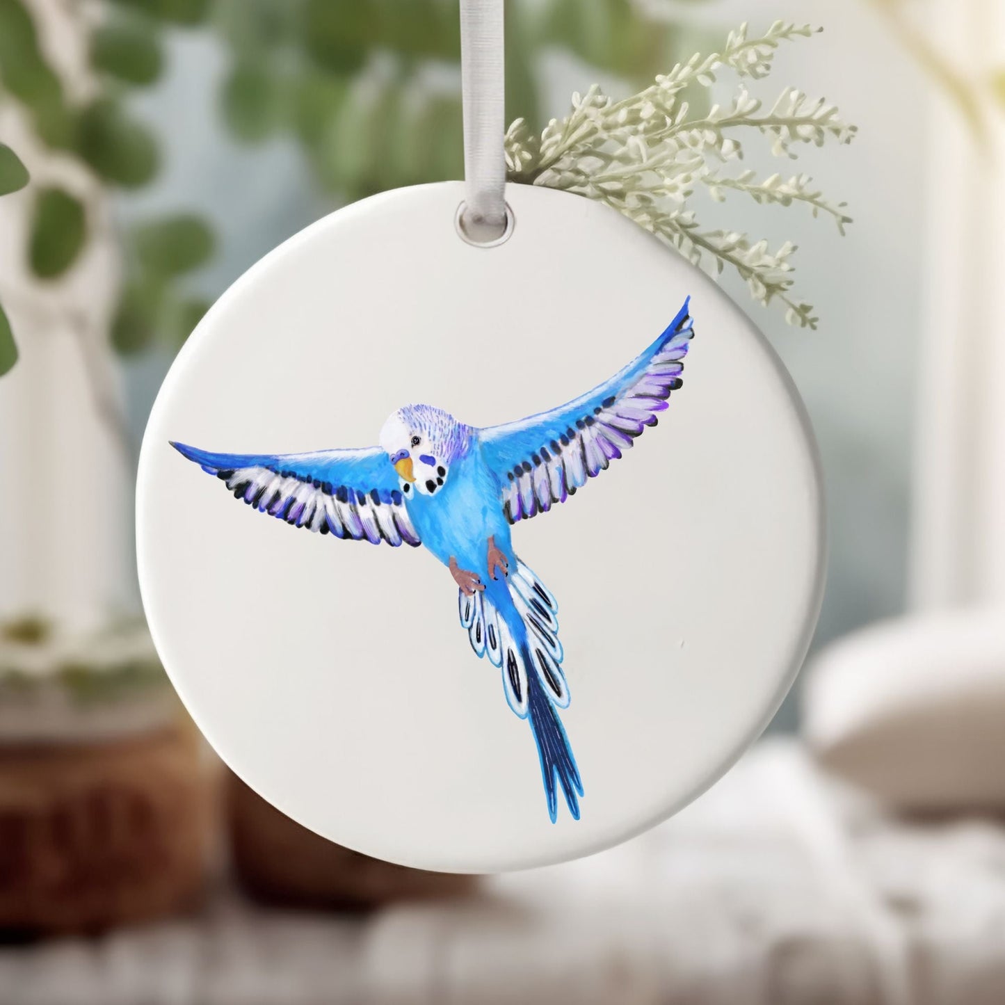 Blue Budgie Ceramic Ornament - MerikaArt