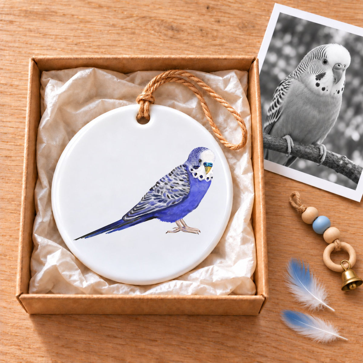 Blue Budgie Ceramic Ornament - MerikaArt