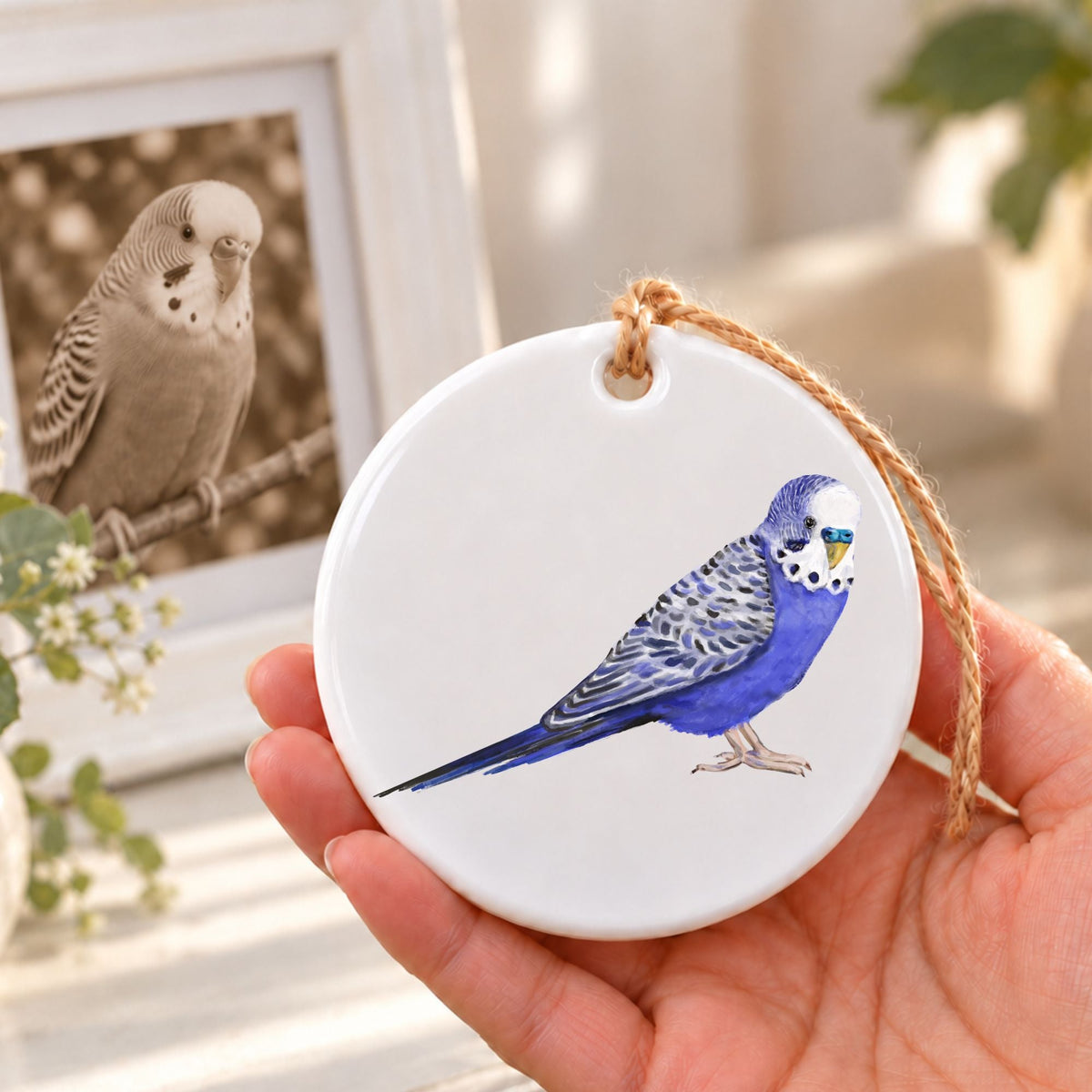 Blue Budgie Ceramic Ornament - MerikaArt