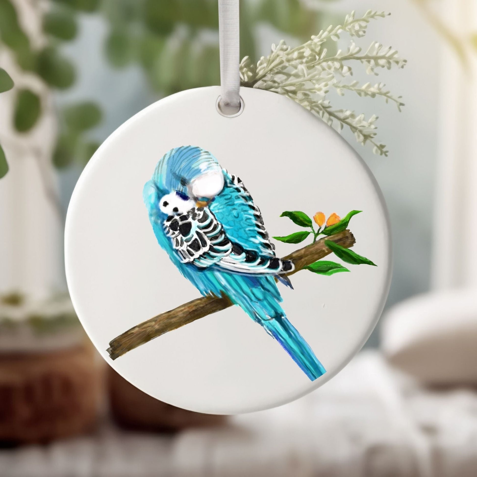 Blue Budgie Ceramic Ornament - MerikaArt