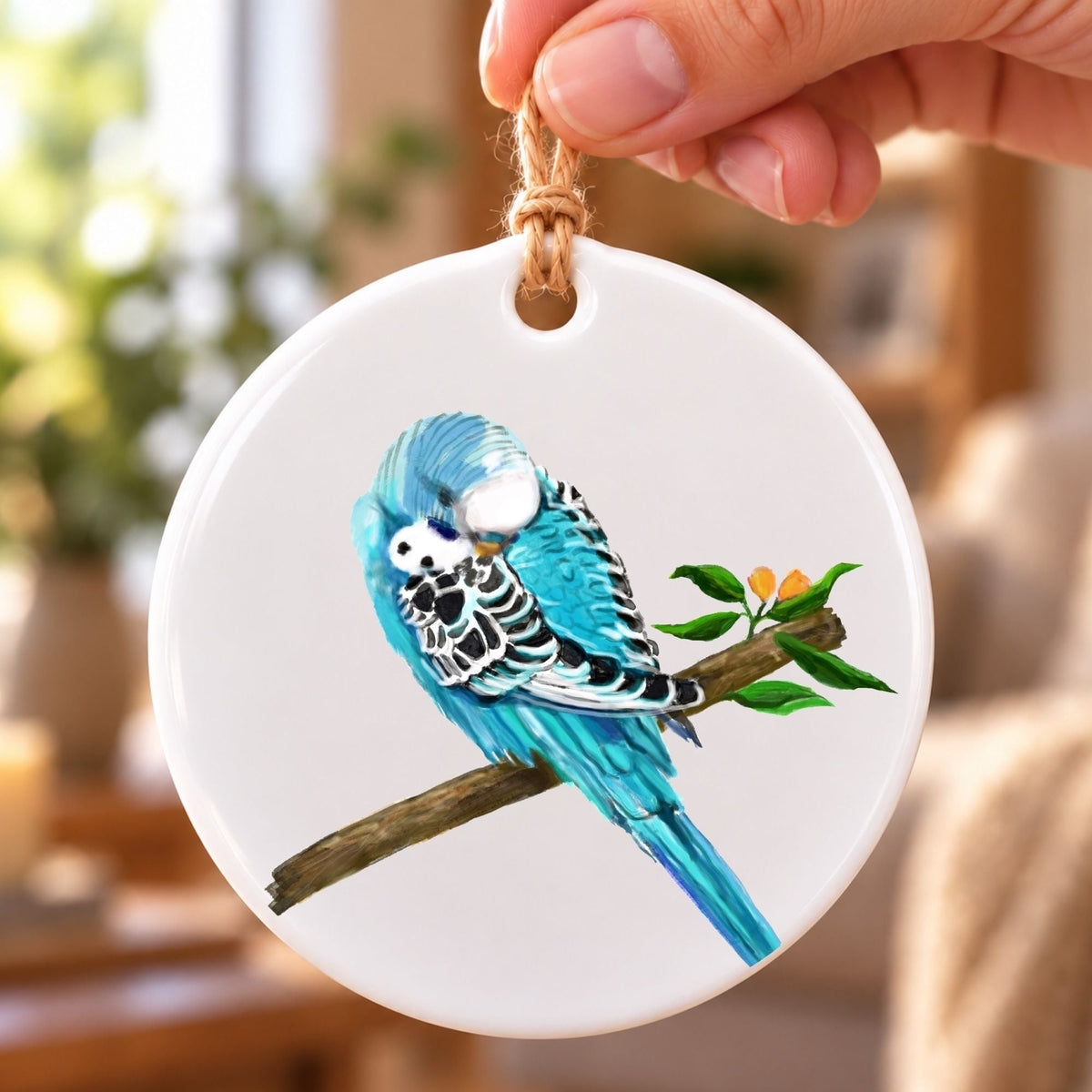 Blue Budgie Ceramic Ornament - MerikaArt