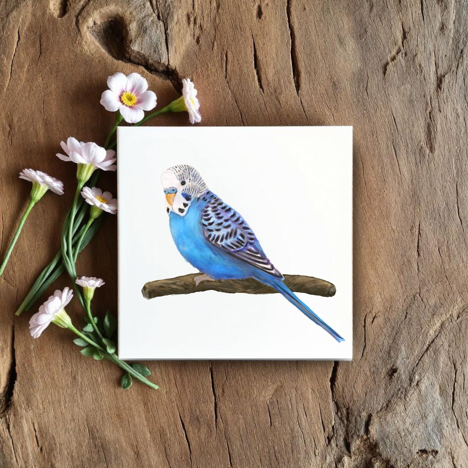 Blue Budgie Ceramic Tile - MerikaArt