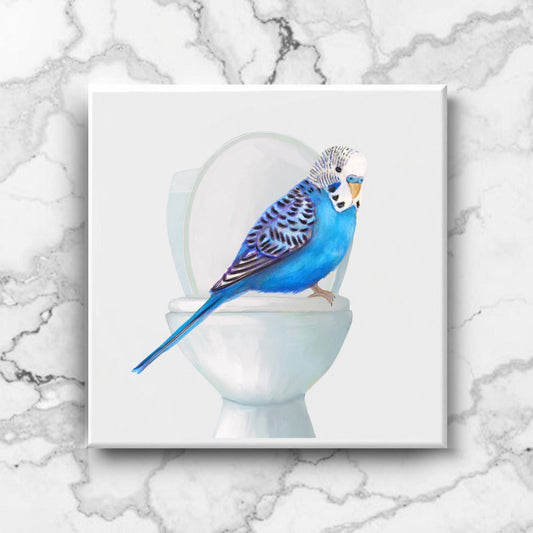 Blue Budgie Ceramic Tile – Handcrafted Whimsical Bird Art Decor - MerikaArt