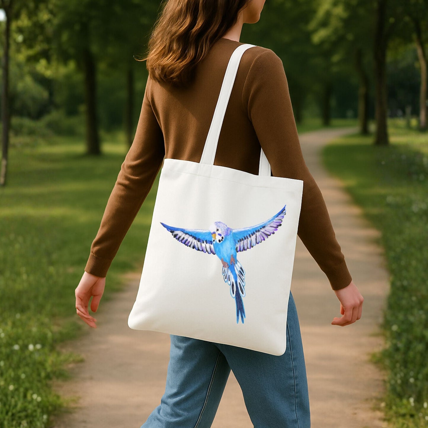 Blue Budgie Flying Canvas Tote Bag - MerikaArt