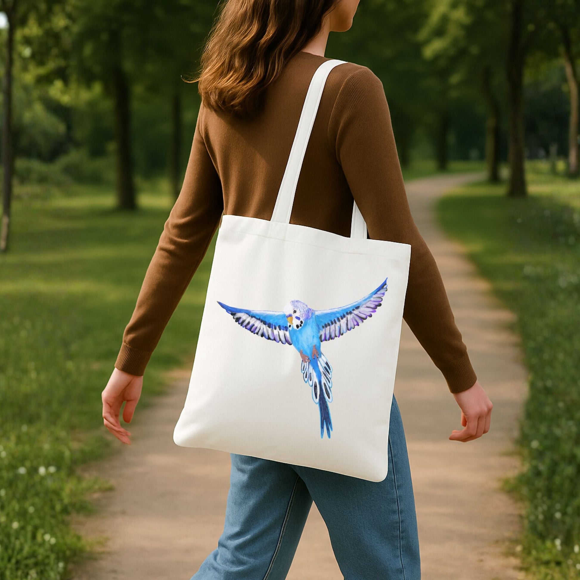 Blue Budgie Flying Canvas Tote Bag - MerikaArt