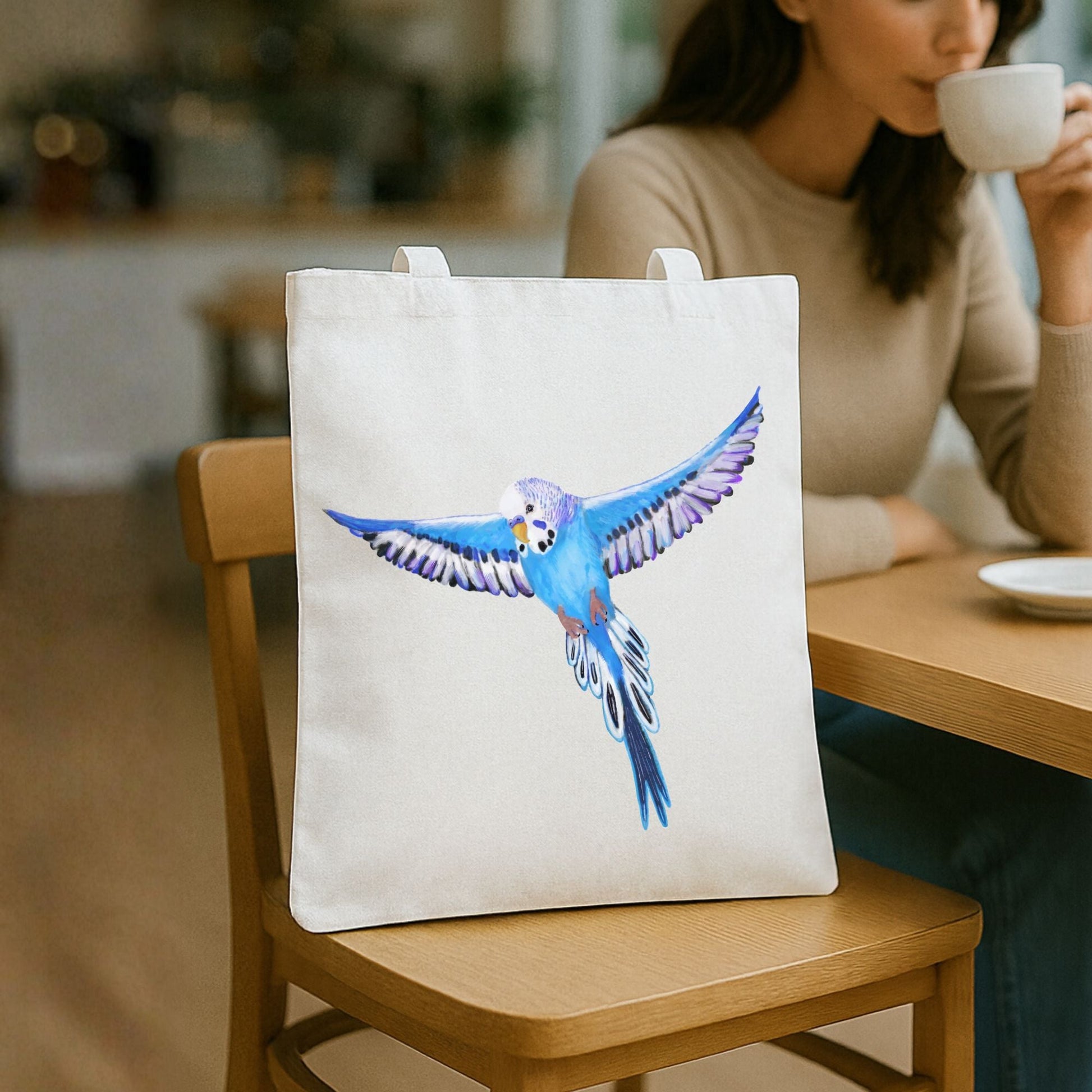 Blue Budgie Flying Canvas Tote Bag - MerikaArt